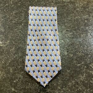 Umo Lorenzo Handmade 100% Silk Tie - Blue & Gold Geometric Pattern Classic Style